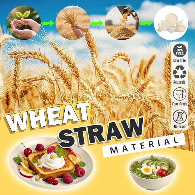 Wheat Straw Dinnerware Sets for 8, 32 PCS Unbreakable Plates and Bowls Sets, Kitchen Dish Set - Dinner Plate/Dessert Plate/Cereal Bowl/Cup, for Outdoor Camping RV Apartment Essentials - Beige