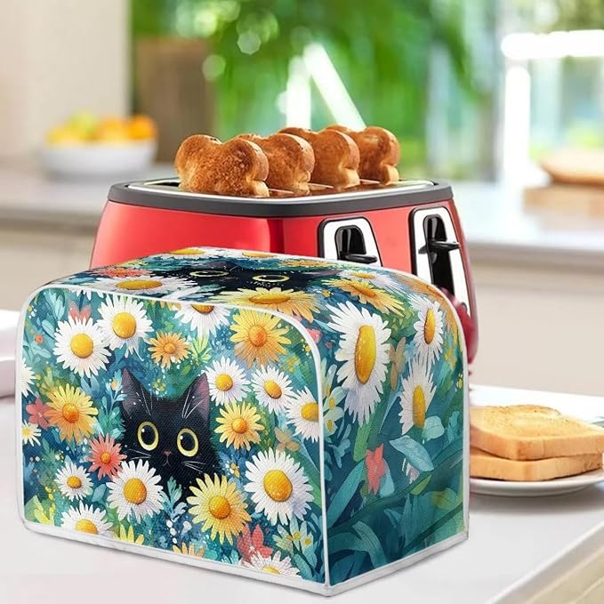 Black Cat Print Toaster Dust Cover Daisy Print Bread Maker Machine Covers Anti Fingerprint Kitchen Small Appliance Cover Fits Most Standard 4 Slice Toasters