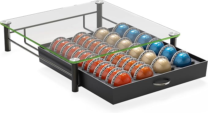 Deco Brothers Tempered Glass Vertuo Pod Holder, Fits 24 Large/48 Small Pods | Compatible with Nespresso Capsule, Black