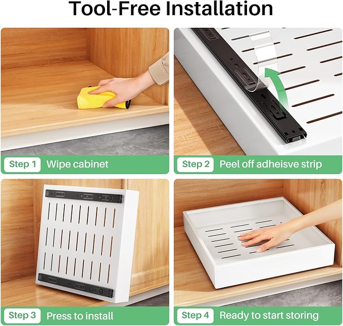 Pull out Cabinet Organizer,21"Deep, 20"Wide Heavy Duty Full-Extension Slide out Drawers Fixed with Nano Adhesive,Roll Out Shelves Sliding Cabinet for Kitchen,Bathroom,Pantry,under sink Storage(White)
