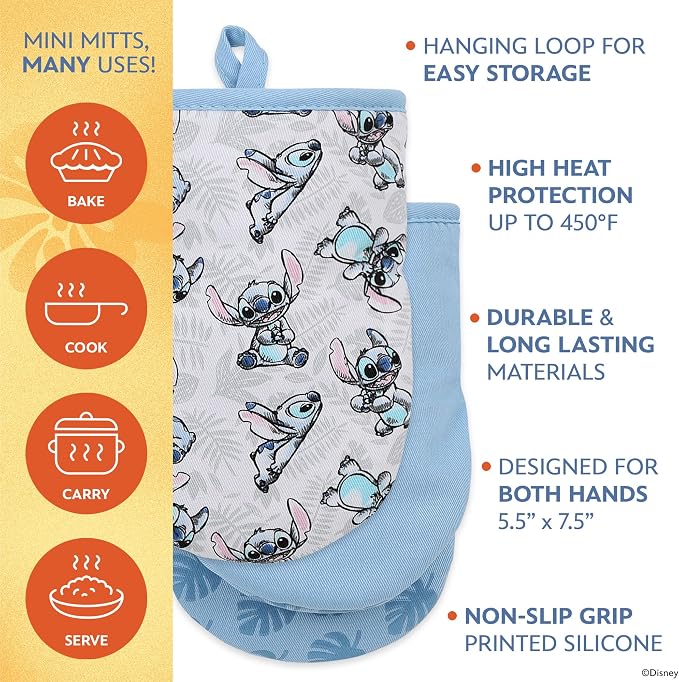 Disney Stitch Mini Oven Mitts, 2-Pack, Heat Resistant 450F | Compact 5.5"x7.5" pot holders for kitchen, printed silicone offers non-slip grip, ambidextrous, hand wash or spot clean
