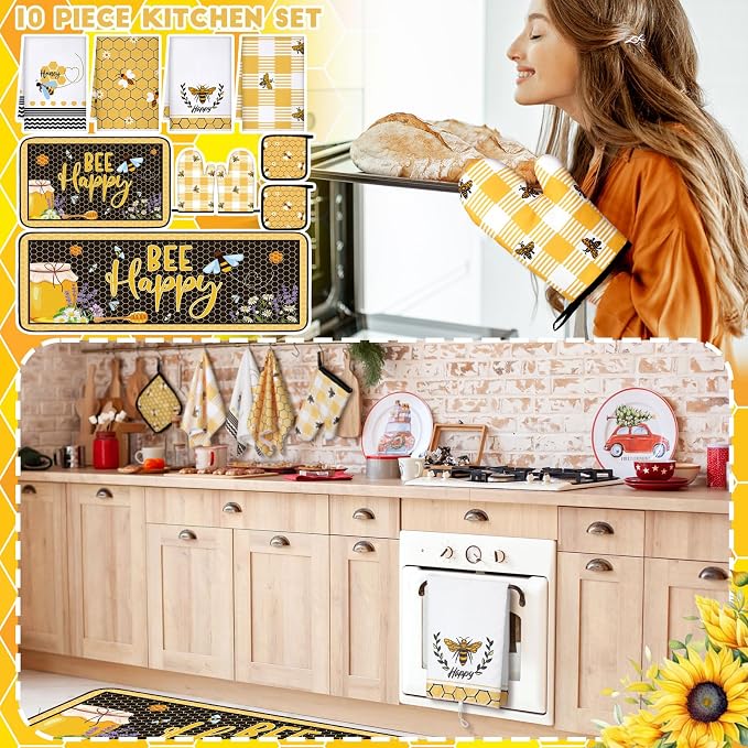Fourluoo 10 Pcs Bee Themed Kitchen Decor Set Dish Towels Kitchen Rugs Oven Mitts and Pot Holders for Cooking Baking Grilling Women Mom Gift