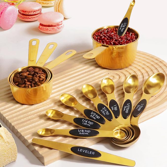 13pcs Gold Stainless Steel Measuring Cups and Spoons Set, 8 Double-Sided Magnetic Measuring Spoons Set & 4 Metal Measuring Cups & 1 Leveler for Kitchen Dry & Liquid Cooking Baking