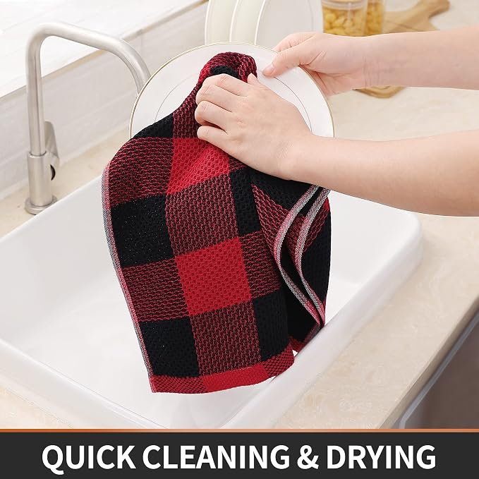 Homaxy Kitchen Towels and Dishcloths Set, Set of 8, Black & Red | Bulk Cotton Waffle Weave Check Plaid Kitchen Towels, Super Soft and Absorbent Dish Cloths, 12 x 12 and 13 x 28 Inches