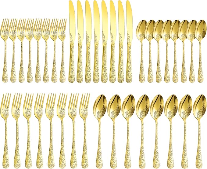 40 Pcs Gold Silverware Set for 8, Food Grade Stainless Steel Flatware Set, Eating Utensils Sets Include Fork/Knife/Spoon, Reusable Cutlery Set for Home Kitchen, Dishwasher Safe, Embossed pattern-1
