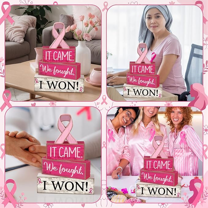 Lineshading 4 Pcs Breast Cancer Wooden Block Signs Farmhouse Decor | Rustic Table or Tiered Tray Decor, Pink Ribbon Survivor Gift, Wooden Blocks with Inspirational Messages for Home Awareness