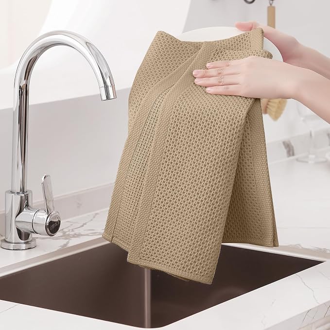 Homaxy 100% Cotton Oversized Waffle Weave Kitchen Towels 6-Pack, Tan | 20 x 28 Inches, Ultra Soft Absorbent Dish Towels, Quick Drying Large Cleaning Towels