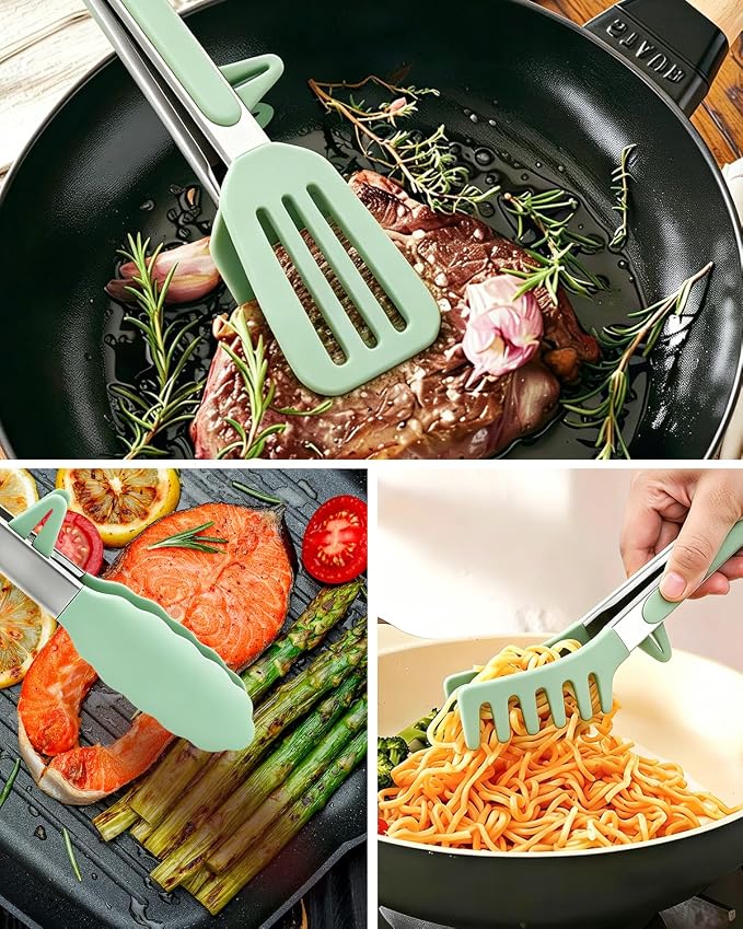 Kitchen Tongs for Cooking, Non Scratch Silicone Tip for Nonstick Cooking Pans, Food Grade Mini Serving Tongs, Pull Lock, Set of 3 (Green, 9 inch)