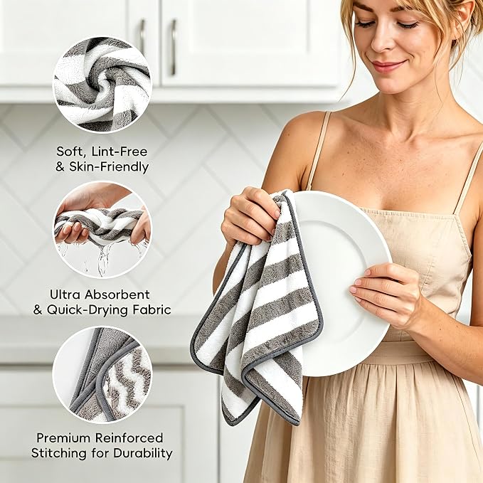 Microfiber Cleaning Cloths, 6 Pack Gray Kitchen Towels | 12x12 Inch, Ultra Soft Absorbent, Lint Free Dish Towels with Hanging Loop, Reusable for Kitchen, Car & Household