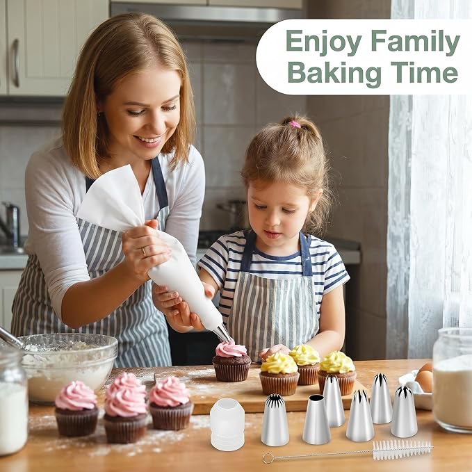USHYMJT Piping Bags and Tips Set, 11pcs Cotton Pastry Bags with Stainless Steel Nozzles, Coupler and Cleaning Brush, Baking Decorating Kit for Cake Cupcake Cookie Frosting Decor(11)