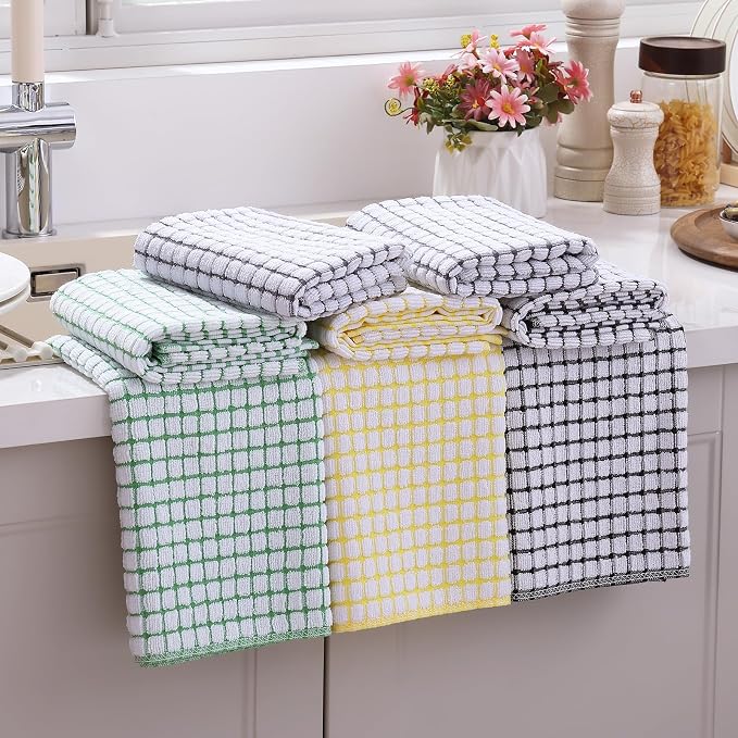 Mordimy Cotton 8 Pack Terry Kitchen Towels, 16 x 25 Inches | Super Soft and Absorbent Dish Towels, Quick Drying Hand Towels for Kitchen Drying, Black/Grey/Yellow/Green