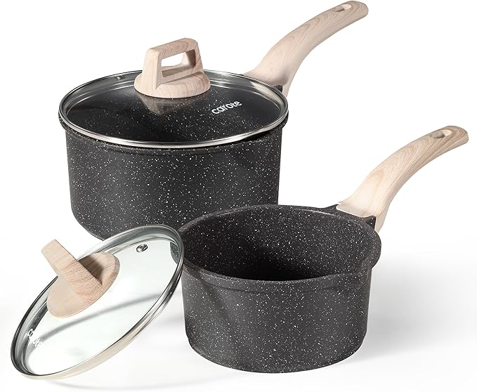CAROTE Nonstick 1.5Qt & 3.0Qt Sauce Pan Sets with Lid, Black | Kitchen Non Toxic Cookware with Stay-cool Handle, All Stovetops Compatible, Dishwasher Safe, PFOA Free