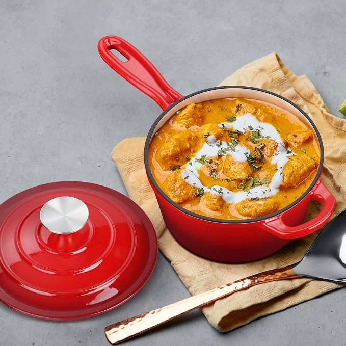 1 Quart Saucepan with Lid, Leonyo Enameled Cast Iron Sauce Pan with Lid, Small Enamel Cast Iron Dutch Oven Kitchen Cookware for All Cooktops Cooking Pasta, Soup, Milk - Up to 500°F & 4.4Lbs, Red