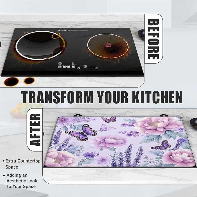 Purple Flowers Glass Top Stove Cover Protector,Watercolor Butterfly Heat Resistant Stove Top Cover, Large Size Range Covers for Electric Stove Countertop Mat, 28 x 20 Inch