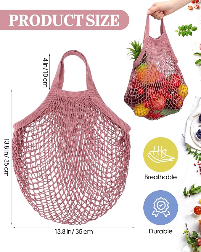 Eccliy 12 Pcs Reusable Mesh Grocery Bags Portable Cotton Produce Containers Washable Net Mesh Tote Bag Handle String Shopping(Pink)