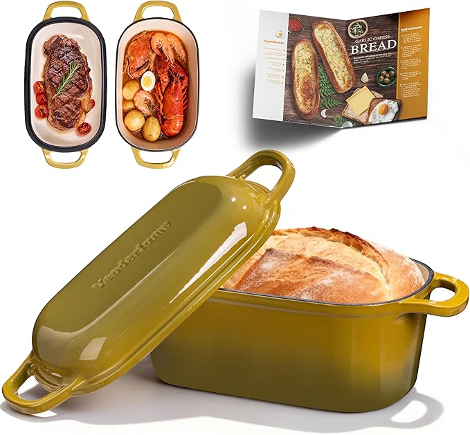 4.6-Quart Oval Dutch Oven for Bread Baking, 2 in 1 Cast Iron Bread Pan with Lid, Sourdough Baking Pan for a Crispy Crust, Olive