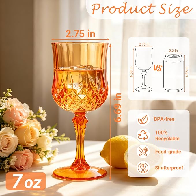 24Pack Plastic Wine Glasses, 7oz Vintage Goblets for Wedding | Unbreakable Crystal Style Reusable Stemware, Elegant Orange Drinking Glass for Party Anniversary & Holiday Celebration