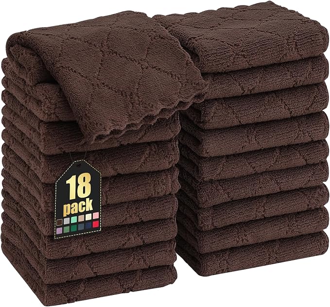 Homaxy 18 Pack Super Soft Absorbent Dish Cloths, 10" x 10", Brown | Coral Velvet, Nonstick Oil Fast Drying Microfiber Cleaning Cloth, No Lint Household Dishcloths