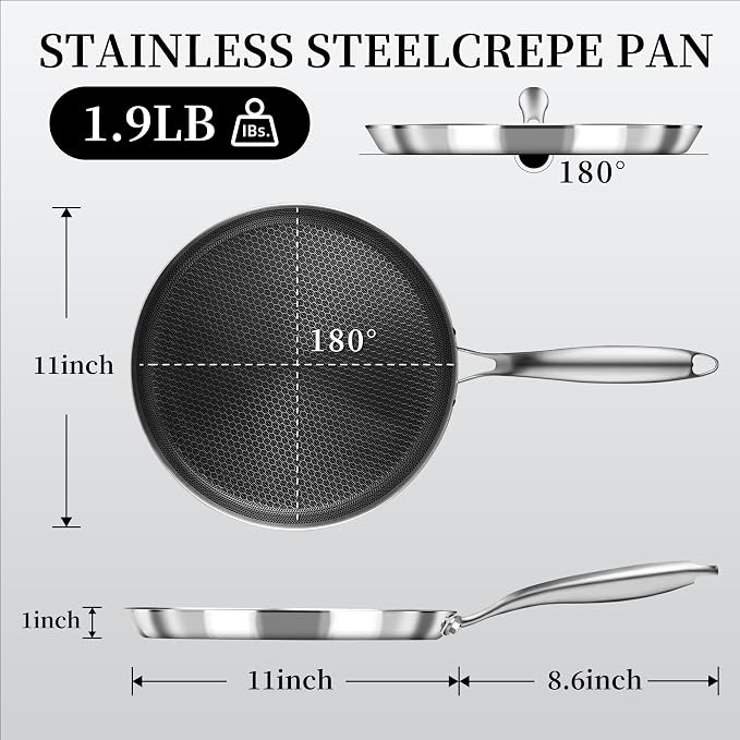 Innerwell Nonstick Crepe Pan 11inch Stainless Steel Crepe Pan Honeycomb Coating Flat Skillet Tawa Dosa Tortilla Pan,Omelet Pan with All Stove Tops Available, Induction Compatible | Honeycomb nonstick coating, PFOA-free.Compatible with All Stoves. Easy ...