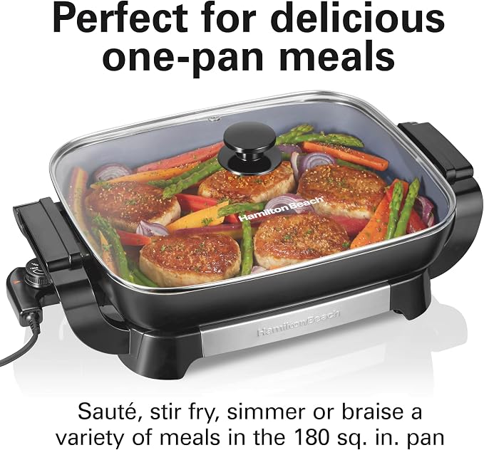 Hamilton Beach Large Electric Skillet With Lid | PFAS-Free Durathon Ceramic 12" x 15” Removable Pan | Adjustable Temperature | Reversible Design | Black Non-Stick Surface