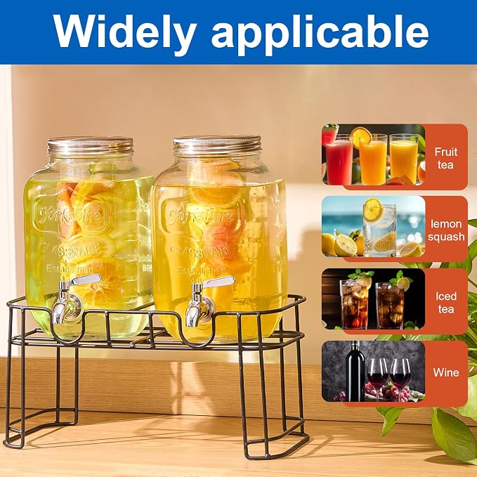 1 Gallon Glass Drink Dispensers for Parties, 2 Pack Beverage Dispenser with Stand, Fruit Infuser & Leakproof Stainless Steel Spigot, Juice Dispenser for Lemonade, Iced Tea, Sun Tea & Infused Water