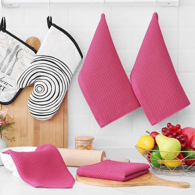 Homaxy 100% Cotton Waffle Weave Kitchen Dish Cloths 6-Pack, Hot Pink | 12 x 12 Inches, Ultra Soft Absorbent Dish Towels, Quick Drying Dish Rags with Hanging Loop