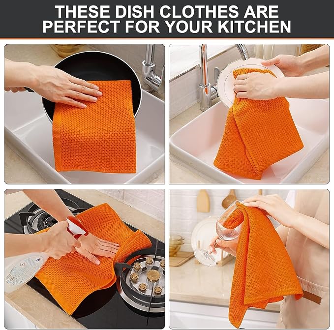 Kitinjoy 100% Cotton Waffle 6-Pack Kitchen Towels, 13" x 28", Orange | Super Soft, Ultra-Absorbent, Fast Drying, lightweight, Quick Drying Kitchen Hand Towels