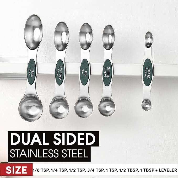 Spring Chef Stainless Steel Magnetic Measuring Spoons Set of 8, Pine Green | Nesting Metal Teaspoon & Tablespoon Measuring Spoons with Leveler for Dry & Liquid Ingredients, Dual Sided, Dishwasher Safe