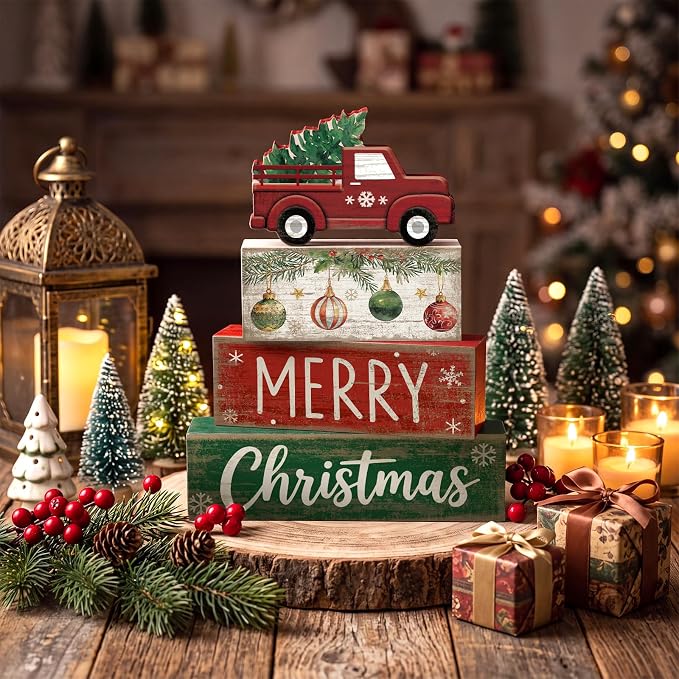 Lineshading 4 Pcs Christmas Table Decor, Red Truck Tree Block Sign Home | Red Truck With Pine Tree, Christmas Centerpiece For Tiered Tray, Rustic Wood Stack Sign, Holiday Kitchen Shelf Home Decor