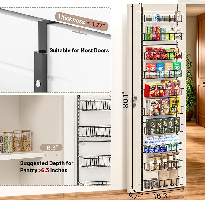ElegantArray 10-Tier Pantry Door Organizer, Black | Over The Door Rack, Hanging Spice Rack Shelves, Kitchen & Bathroom Storage, Home Office & Laundry Room