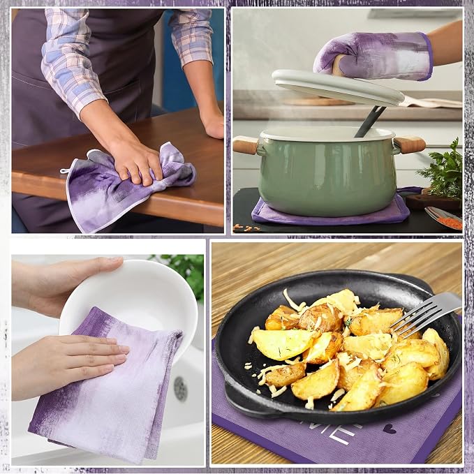 Bencailor 6 Pcs Lavender Purple Kitchen Accessories Purple Kitchen Towels Pot Holders and Oven Mitts Farmhouse Cooking Mittens Oven Glove and Potholder for Baking Cooking Grilling Supply Accessories