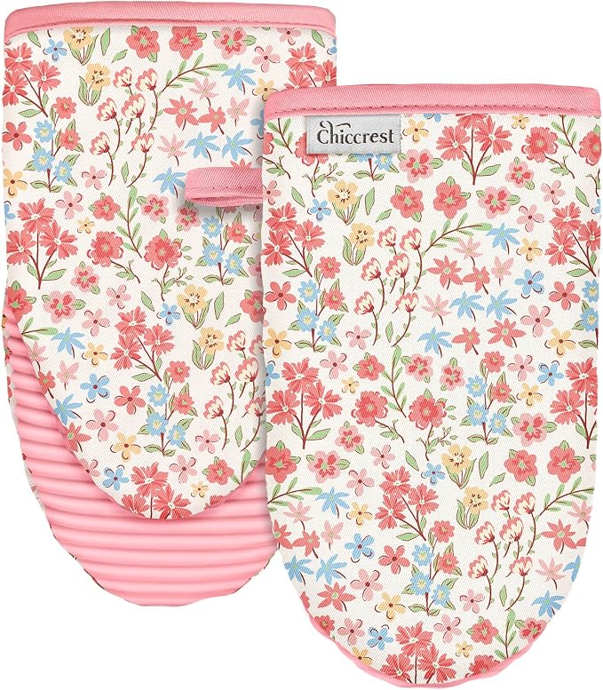 100% Thick Cotton Oven Mitts Ribbed Soft Silicone Pink Flower | Aesthetic Oven Mitts for Women, Machine Washable Non-Slip Kitchen Mitts, Reversible for Both Hands, Stylish Kitchen Decor
