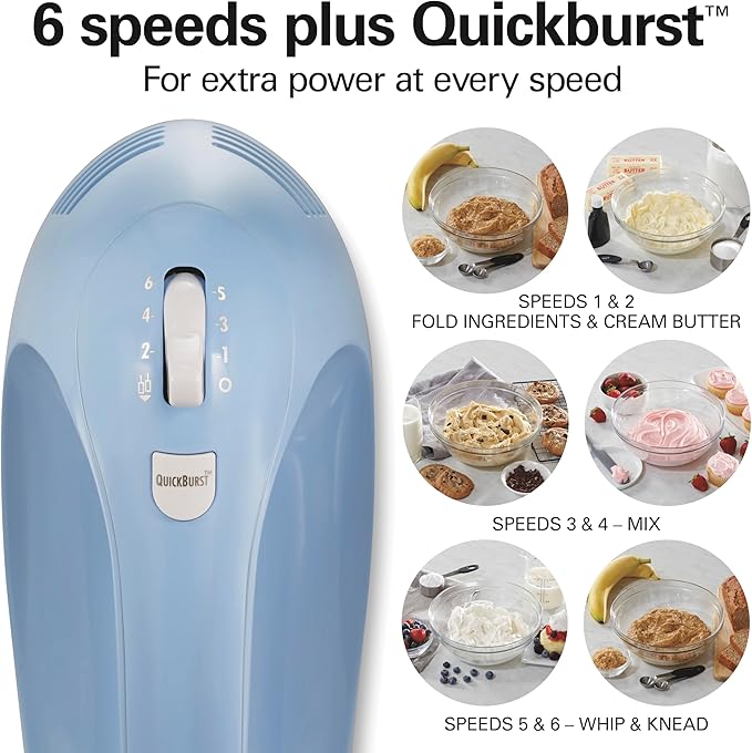 Hamilton Beach 6-Speed Electric Hand Mixer with Whisk,Dough Hooks and Easy Clean Beaters,Powerful 275 Watt Motor,Snap-On Storage Case,Blue,(Pack of 2)