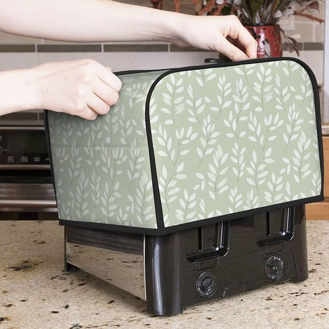 4 Slice Toaster Cover Leaf Botanical Green Dust Proof Washable Kitchen Appliance Cover with Pocket, Oxford Fabric Countertop Toaster Protector for Standard Toasters Small Appliances