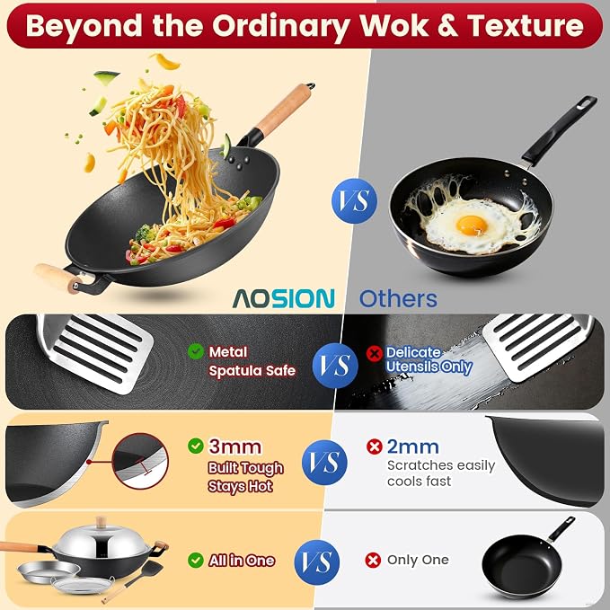 AOSION 13'' Nonstick Wok, Cast Iron Wok with Lid, Wok Pan & Stir-Fry Pans | Chinese Woks Pan With Lid