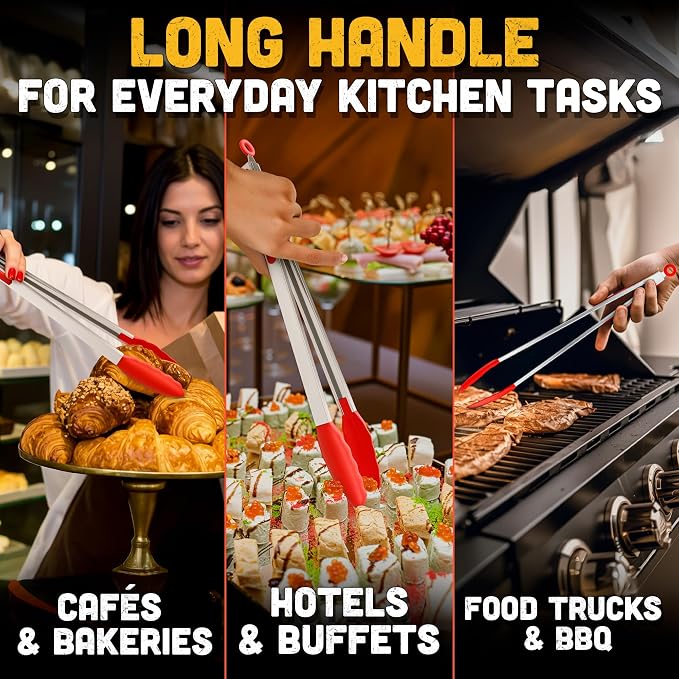17.3" Extra Long Tongs with Silicone Tip & Stainless Steel Frame | Long Kitchen Tongs with Extended Reach, 3.3 Lb Hold and Storage Lock; for BBQ Grilling, Cooking, Grabbing, Serving and Salad