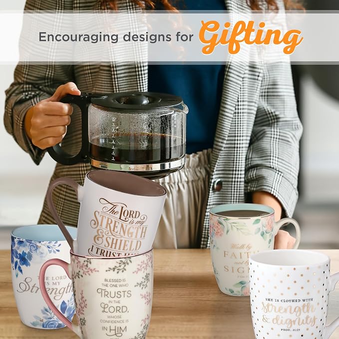 Christian Art Gifts Inspirational Novelty Ceramic Coffee & Tea Scripture Mug for Women: Strength & Dignity Encouraging Bible Verse Proverb, Gold Polka Dots, Lead & Cadmium-free Non-toxic Cup, 12 oz.