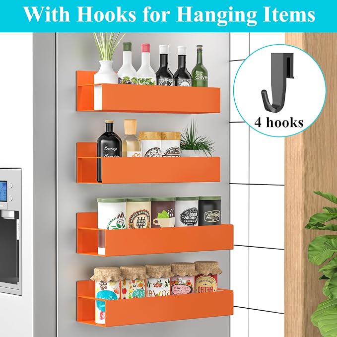Metal Magnetic Spice Rack for Refrigerator Orange, 4 Pack | Magnetic Shelves Heavy Duty for Fridge in Kitchen, Seasoning Storage Organizer, For Oven Washer and Dryer, For Heavier Items