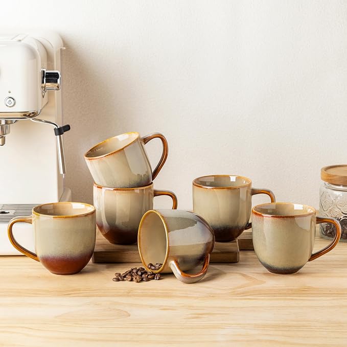 theterra Ceramic Coffee Mugs Set of 6, 12 oz Coffee Cups with Handle | Handmade, Suitable for Latte, Tea, Milk, Beer & Hot Cocoa, Creamy Amber