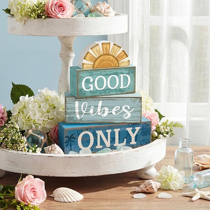 Lineshading 4 Pcs Summer Beach Table Decor Good Vibes Only Wooden Sunshine | Rustic Wooden Coastal Style, California Beach Vibes, Tiered Tray Centerpiece for Living Room, Positive Message Display