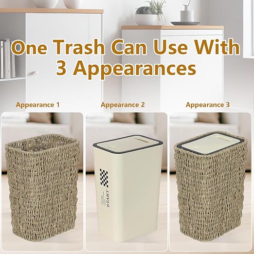 Trongee Boho Trash Can with Lid,3 Gallon Small Rattan Trash Can with Press Top Lid,Slim Wicker Waste Basket and Hamper 2 in 1 for Bathroom,Seagrass Woven Garbage Can Trash Basket for Bathroom,Kitchen