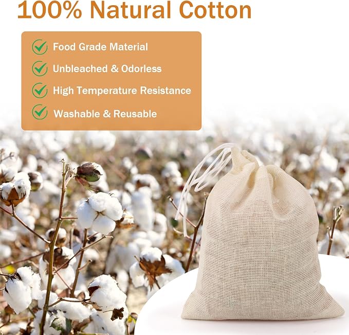 100Pcs Muslin Bags with Drawstring, 3x4 Inch Reusable Empty Tea Bags, Spice Herb Sachet Bag for Cooking Soups, Natural Cotton Unbleached Cheese Cloth Bag for Straining