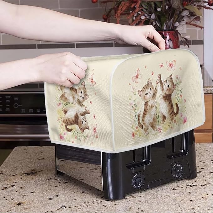 Cat Butterfly Print Toaster Cover For Home Office, Spandex Quilted Toaster Cover 2 Slice Wide Slot Breadmaker Cover Stain And Fingerprint Protection, Beige