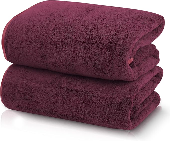 TENSTARS Silk Hemming Bath Towels for Bathroom Clearance - 27 x 55 inches - Light Thin Quick Drying - Soft Microfiber Absorbent Towel for Bath Fitness, Sports, Yoga, Travel, Gym - 2 Pack, Burgundy
