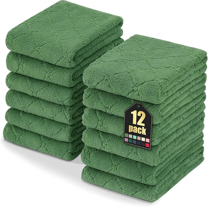 Homaxy 12 Pack Super Soft Absorbent Dish Towels, 10" x 20", Grass Green | Coral Velvet, Nonstick Oil Fast Drying Microfiber Cleaning Cloth, No Lint Dishcloths for washing and drying