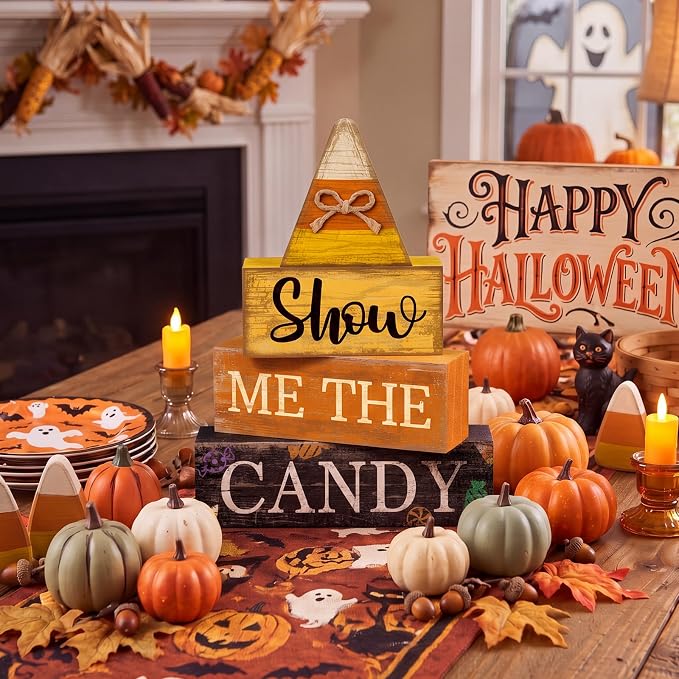 Lineshading 4 Pcs Halloween Table Decoration Candy Corn Wooden Stacked Sign | Rustic Stacked Blocks for Tabletop, Show Me the Candy Theme, Fall Halloween Home Decorations, Tiered Tray Display