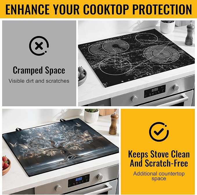 NYZE 28" x 20" Electric Stove Top Cover - Silver Tree of Life Glass Stovetop Protector Mat, Heat Resistant Silicone Stove Topper & Counter Space Saver for Modern Kitchen Decor