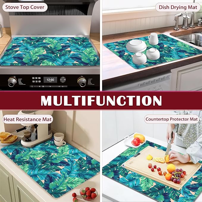 Watercolor Green Leaves Stove Top Cover Glass Cooktop Heat Resistant Cover,Ceramic Stove Top Covers Mat Prevents Scratching Stoves/Counter/Washer Protector, 28x20 in