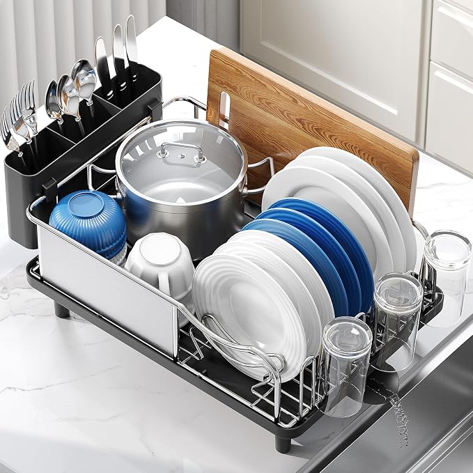 Urackify Stainless Steel Dish Drying Rack for Kitchen Counter, Black | Rustproof Dish Rack with Utensil Holder, 16.9" L x 12.4" W Large Capacity, Auto Drain Dish Drainer for Plate Dish Sliverware