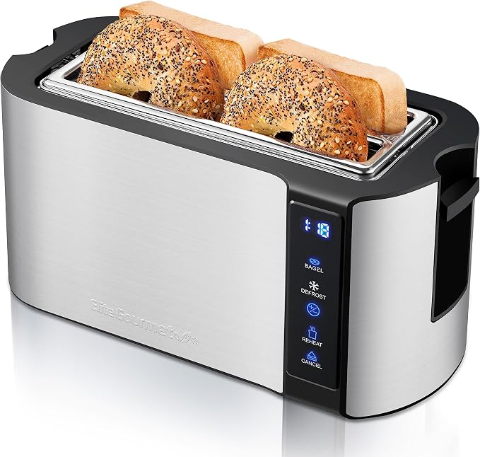 Elite Gourmet ECT5322 4-Slice Long Slot Toaster, Stainless Steel | Bagel, Defrost & Cancel, 6 Toast Settings, Built-In Warming Rack, Extra-Wide Slots Fit Bagels & Waffles - Countdown Timerc